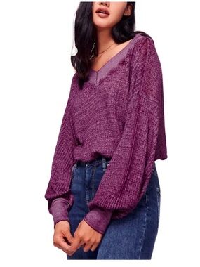We The Free Deep Plum V-Neck Balloon Sleeve Sweater
